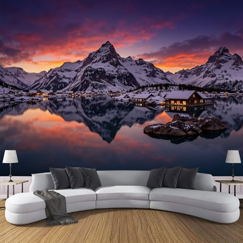 Fototapete Natürliche Landschaft Norwegische Inselberge 350 x 256 cm 3D Motivtapeten Wandbild Seide Foto Tapete Wandtapete, für Wohnzimmer Schlafzimmer Kinderzimmer Büro Wanddeko Lila