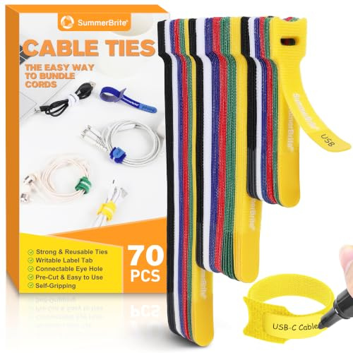 Summerbrite Beschreibbar Klett Kabelbinder 70 Stück, 10/15/20 cm, 6 Farben | 2-in-1-Kabeletikett und Kabelbinder, wiederverwendbar, geeignet zum Sortieren, Ordnen und Aufbewahren von Kabeln