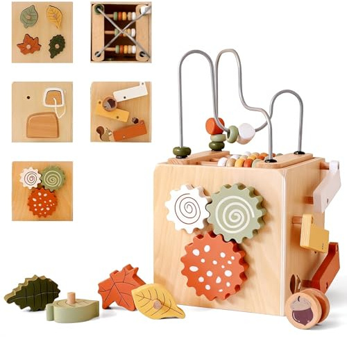 Tmefoy Motorikwürfel ab 1 Jahr, 6 in 1 Holz Motorikspielzeug, Aktivitätswürfel Spielzeug, Montessori Spielzeug Spielwürfel für Kinder,Holzspielzeug Mädchen Jungen Geschenk