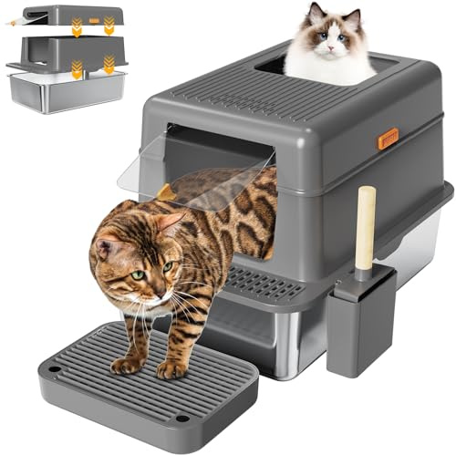 I IHAYNER Stainless Steel Cat Litter Tray XXL with Lid High Sided Leak Proof Metal Litter Box with 105° Flip Lid Scoop & Activated Carbon Odour Control Extra Large Enclosed Cat Toilet (Dark Grey)