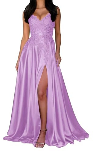 ORRCIGH Vestido de dama de honor con tirantes delgados, apliques de encaje, vestidos de graduación, vestido largo formal de fiesta de noche con abertura WPX020, Lila, 44