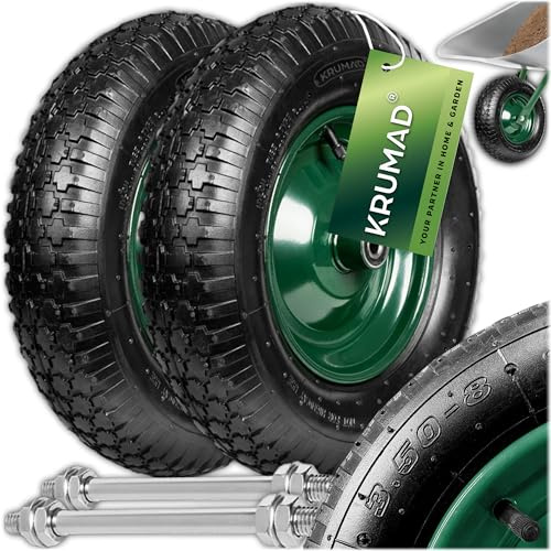 KRUMAD Schubkarrenrad 2 Stück, Sackkarrenrad, Schubkarre, Luftbereift | Luftreifen 4.80/4.00-8, bis 250 kg, 12mm Achse, mit Schlauch, Wartungsfrei, Stahlfelge, Doppelkugellager, Schwarz