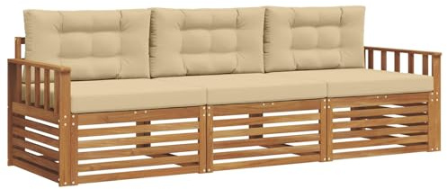 vidaXL Outdoor-Sofagarnitur mit Kissen 3 pcs Natur und Beige, Garten, modernes Ecksofa, belastbare Gartenmöbel, Lounge für Terrasse, ideales Set für Balkon