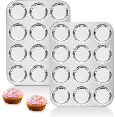 Onader Yorkshire Pudding Tray Set of 2, Stainless Steel 12-Cup Muffin Tins | Shallow Cupcake Baking Tray for Mince Pie, Brownies, Egg Tart and Biscuit, Healthy, Non-rust and Heavy Duty, Dishwasher Safe