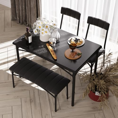 Crevyteg Juego de mesa de comedor de 4 piezas que ahorra espacio, mesa de cocina industrial moderna con 2 sillas y banco para comedor de 4 plazas pequeños espacios