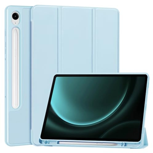 Techsuit für Samsung Galaxy Tab S9, S9 FE und S10 FE Hülle mit Stifthalter, Dreifach Ständer, Schlankem Design, Auto Sleep Wake, Präzisen Aussparungen, Flex Trifold Series, Himmelblau