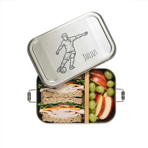 Bärenfreunde Brotdose personalisiert aus Edelstahl, Bentobox Kinder, Edelstahl Bento Box, Geschenk Kindergeburtstag, Lunchbox mit Motiv, Kindergarten, Schule, Einschulung (Fußballspieler)