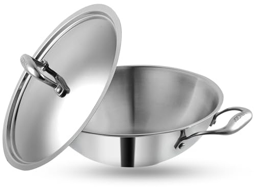 Vinod Platinum Triply Stainless Steel Kadai with Lid – 1.8L, 22 cm | 3 Layer SS Cookware Wok | Deep Cooking Pot for Sauteing & Curries | Gas & Induction Friendly | Heavy Bottom | Sturdy Handles