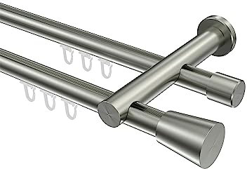 Interdeco Gardinenstangen mit Innenlauf Edelstahl Optik 20 mm Ø zweiläufig Platon Sitra, 200 cm