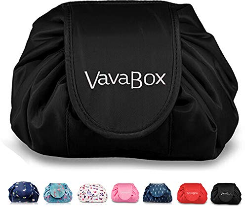 Lazy Kosmetikbeutel mit Kordelzug Portable Große Kosmetiktasche Reisetasche Make up Beutel Aufbewahrung Organisator für Damen Mädchen (Schwarze Stickerei)