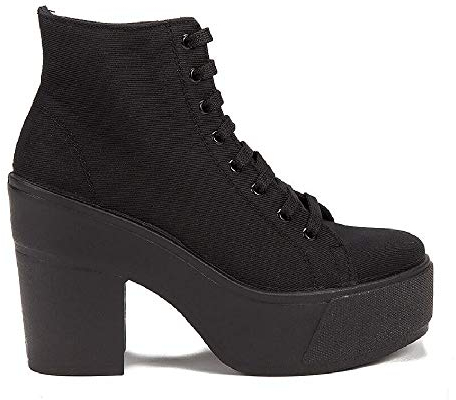 Altercore Roca Donna Stivali Chunky Nero Tela Zeppa Stivaletti Tacco Allto