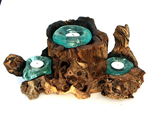 Wogeka - 3er Teelichthalter - Handarbeit aus Wurzel Holz als Geschenkidee zur Deko Glas Teelicht 3