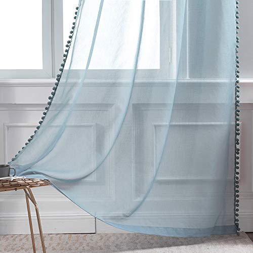 MIULEE Voile Gardine Pompons Stangendurchzug 2er Set B140 H175 Blau | Luftige Voile-Gardine mit Pompons und Stangendurchzug, kinderfreundliches Design, dekorativ für, Schlafzimmer und Wohnzimmer