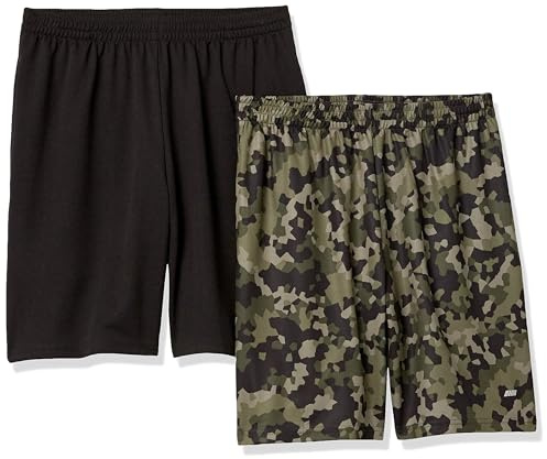 Amazon Essentials Men's Athletic Basketball Gym Shorts, Breathable Moisture-Wicking Loose-Fit with Elastic Waist, Pack of 2, Black/Green Geo Camo, L