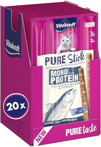 Vitakraft Pure Stick, Katzen Leckerli, fleischiger Stick, mit Seelachs, einzelne Sticks, auch für ernährungssensible Katzen, Vorratsgröße (20x 20g)