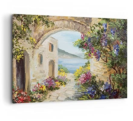 Quadro su Tela 100x70cm Stampe da Parete Casa Santorini Fiori Grandi Decorazione Murale Camera da Letto Cucina 1 pezzo Quadri Moderni Soggiorno Grafica Immagini Wall Art Canvas AA100x70-4191