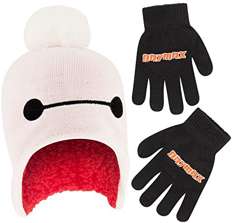Disney Boys Winter Hat and Kids Gloves Set, Big Hero 6 Beanie for Ages 4-7, Black/White With Fleece, Age 4-7