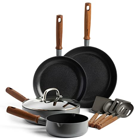 GreenPan Mayflower Pro Batterie de Cuisine Antiadhésive en Céramique Saine Anodisée Dure,9 Pièces,avec Poêle à frire,Casserole et Ustensiles,Manche en Bois Vintage,Sans PFAS,Induction,Gris Charbon