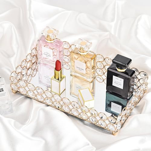 Perfume Trays for Dresser,Modern Skincare Crystals Mirrored Tray, Small Glass Tray, Mirror Vanity Trays Perfume Organizer Trays for Makeup,Jewelry，Cosmetic, Home Decor Counter Perfume Tray