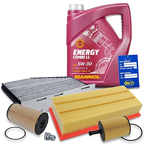 BESTPRICE Inspektionspaket Filterset mit 1x Ölfilter, 1x Luftfilter, 1x Kraftstofffilter, 1x Innenraumfilter (Aktivkohle), 1x Motoröl 5W-30 Energy Combi LL 5 l, 1x Ölablassschraube mit Dichtring