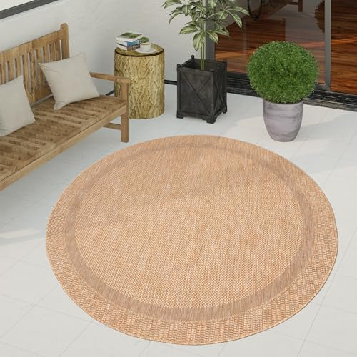 Paco Home Outdoor Teppich wetterfest & pflegeleicht Flachgewebe in Sisal-Optik mit Bordüre UV-beständig Modern für Balkon, Terrasse, Garten, Wohnzimmer, Grösse:120 cm Rund, Farbe:Beige