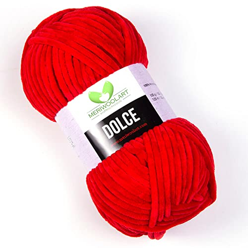 MeriWoolArt Chenille Garn zum Stricken und Häkeln Rot - 100 g und 120 m Samt-Wolle - 100% Flauschige Polyester Strickgarn für Amigurumi Kissen Decken weiche Kleidung Geschenke