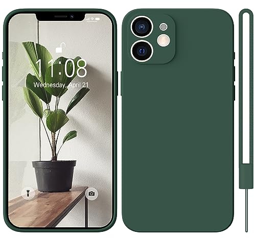 HGH für iPhone 12 Hülle Silikon mit 1 Lanyard, Handyhülle für iPhone 12 Case Ultra Dünne Rundumschutz mit Weichem Microfiber-Innenfutter Stoßfeste Kratzfest Schutzhülle für iPhone 12 6.1 Dunkel Grün