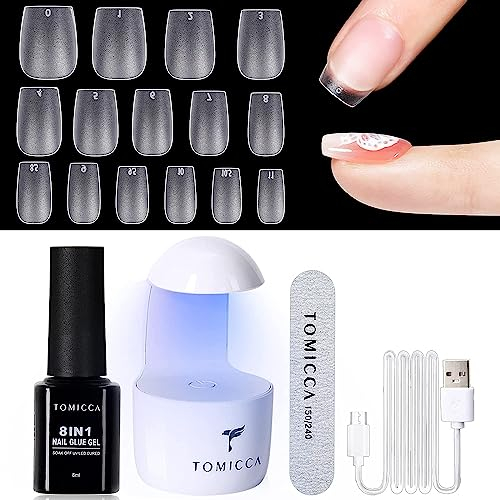 TOMICCA Nail Extension Kit, French Tips and Glue Gel 240 PCS Extra Short Coffin with Portable Lamp UV 8 in1 Glue, DIY Art Tools 1.0 count