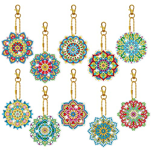 5D Diamond Painting Set für Kinder, 10 Stück Doppelseitige Schlüsselanhänger Mit 8 Stück Sticker, Anhänger Mit Werkzeug für Mädchen DIY Geschenk
