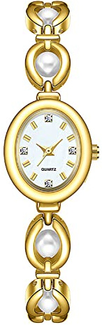 ADSBIAOYE Elegante Perlenuhr für Damen, modisch, ovales Zifferblatt, Geschenk, wasserdichte Uhr, Gold, modisch, C1685