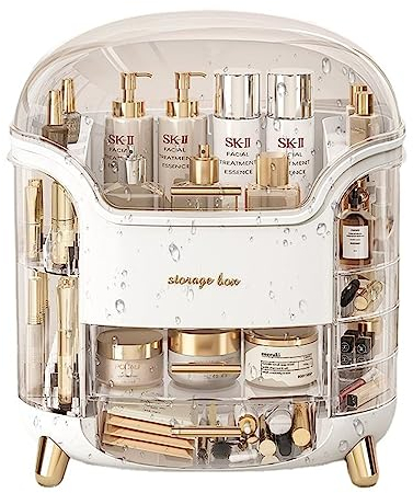 JS MOLD Tragbare Make Up Organizer Kosmetikbox,Hautpflege-Organizer | Make-up-Schubladen-Organizer mit großem Fassungsvermögen und staubdichter Abdeckung (White)