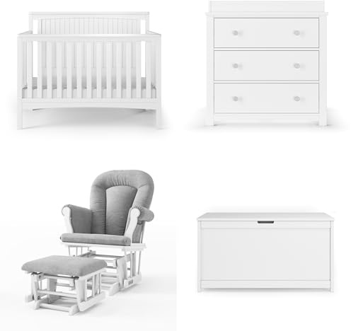 Child Craft Scout 4-in-1 Convertible Baby Crib Nursery Furniture Set - Baby Bed, Dresser with Changing Table Topper, Glider Chair, and Toy Box for Babies, Toddlers and Kids (4 Piece - Matte White)