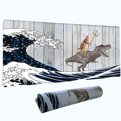 Mieshek Tapis de Souris drôle de Chat Dinosaure, Grand Tapis de Souris de Jeu épais et coloré avec Bord Cousu, Accessoires de Bureau d'ordinateur, Base antidérapante, Tapis de Clavier 800 x 400 x 4 m