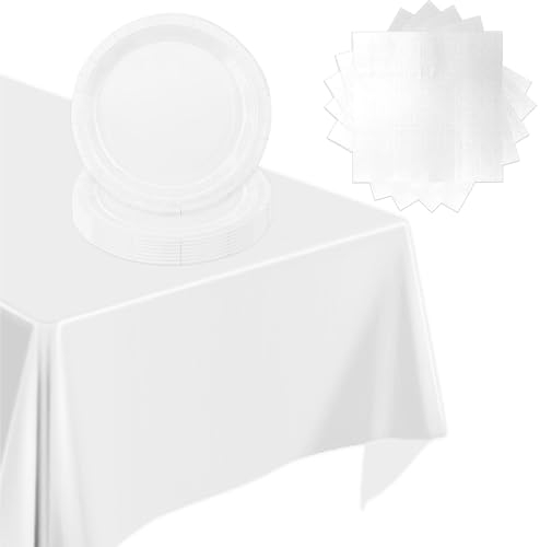 37Pcs White Tableware Party Set,White Table Cloth Tablecover,Paper Napkins and Plates,Xmas Paper Dinnerset for Birthday,Christmas,Valentine's Day,Union Jack Street Party Table Decor