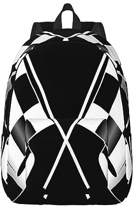DENMER Rucksack aus Segeltuch, Schwarz / Weiß, kariertes Flaggen-Muster, lässiger Stil, leicht, für Schule, Schule, Reisen, Tagesrucksack, Schwarz , M