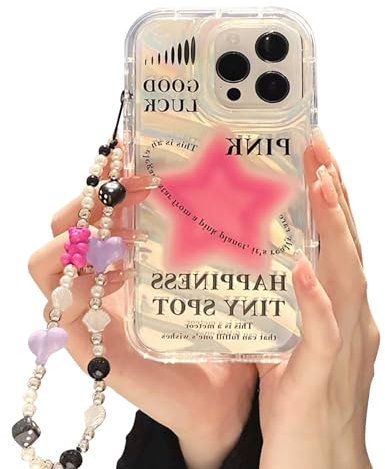 Fycyko Case for iPhone 12 Pro Max with Phone Charm/Chain,Sparkly Pink Star Pattern Clear Cute Phone Case with Pearl Love Heart Bracelet,Luxury Bling Women Girl Phone Case 6.7''