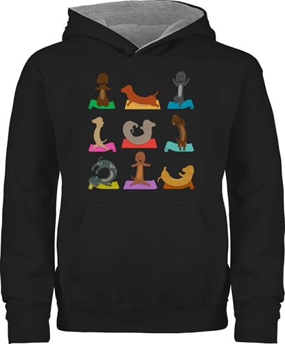 Pullover Kinder Hoodie Jungen Mädchen - Hunde - Dackel Yoga Dackel Lustig - 140 (9/11 Jahre) - Schwarz/Grau meliert - hundeliebhaberin hund pulli hundemotiv dackelmotiv hundesprüchen mit hundefan