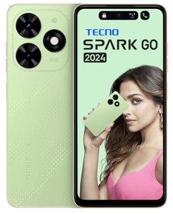 TECNO Spark GO 2024 | Magic Skin Green, (4 Go + 64 Go) | Premier écran do-in à segment 90 Hz avec port dynamique et deux haut-parleurs avec DTS | 5000 mAh | Type C 10 W | Capteur d'empreintes