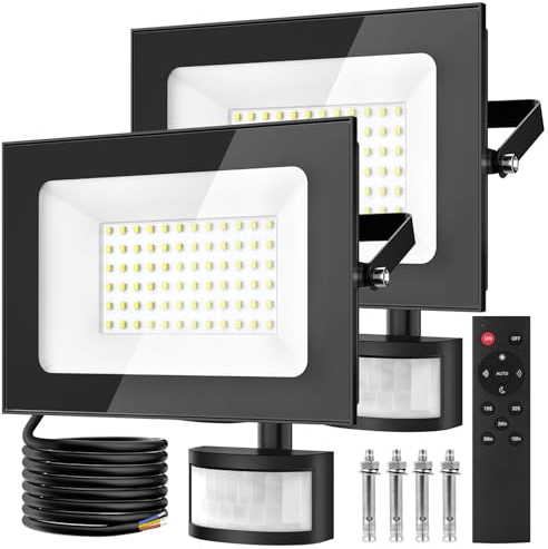 papasbox 2 Stück 50W LED Strahler mit Bewegungsmelder Außen Lichtsensor | Außenstrahler Scheinwerfer Aussen mit Fernbedienung | 6500K Kaltweiß IP66 Wasserdicht Fluter für Garten Garage Sportplatz