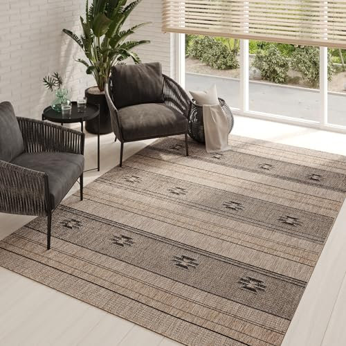 TAPISO Melissa Outdoor Teppich Braun Schwarz Sisal Flachgewebe Indoor Wohnzimmer Küche Flur Balkon Terrasse Wetterfest Wasserfest ÖKO-TEX 160 x 230 cm