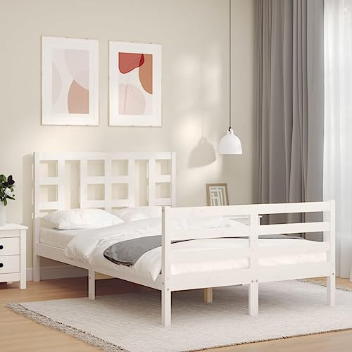 vidaXL Massivholzbett, Bett mit Kopfteil, Doppelbett Holzbett für Schlafzimmer, Bettrahmen Bettgestell mit Lattenrost, Schlafzimmermöbel, Weiß