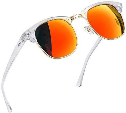 Joopin Semi-Rimless Polarised Sunglasses for Men, UV400 Protection Classic Horn Rimmed Half Frame Womens Sunglasses(Transparent Frame Mirrored Red Lens)