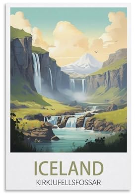 PuPLuM Island Kirkjufellsfoss Wasserfall Vintage Reiseposter Landschaft 40 x 60 cm Leinwand Wandkunst Poster für Wohnzimmer Dekor Gemälde für Heimdekoration