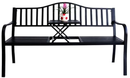 GAMAK Gartenbank Wetterfest mit Tisch, Gartenbank Metall Modern mit Rücken- & Armlehnen für Garten Balkon Terrasse Eisenbank für 2-3 Sitzer Gartenmöbel Gusseisen (Color : Black, Size : 125cm)