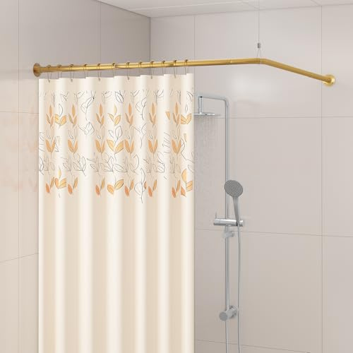 Yampos Tringle à rideau de douche d'angle en forme de L, 61 - 134,6 cm x 61 - 134,6 cm, barre carrée incurvée à 90 degrés réglable pour salle de bain sans affaissement avec 12 crochets et support de