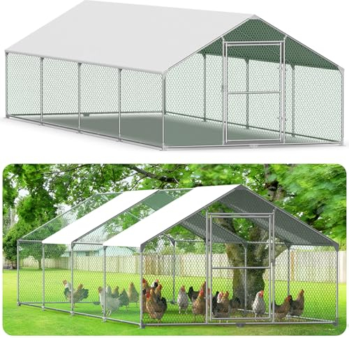 Kidsgigglz Freilaufgehege Hühnerstall,Hühnerkäfig mit Schloss、PVC-Beschichtetes Schatten Dach,Freigehege Aus Verzinktem Metall,Hühnergehege Voliere,Geflügelstall für Hühner Hasen Kleintiere,3X8M