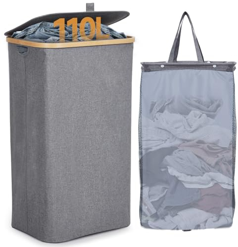 WOWDSGN 110L Wäschekorb mit Deckel, 600D Oxford-Gewebe, Platzsparend & faltbar, mit abnehmbarem, atmungsaktivem Innenbeutel, einfache Montage, ideal für Schlafzimmer, Badezimmer, Waschküche, Grau