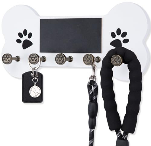 Nekon Hundeleinenhalter für die Wand, Schlüsselhalter aus Holz, Wandhalterung für den Eingangsbereich, Haustierzubehör, Aufbewahrung mit Kreidetafel und Haken in Hundepfotenform (weiß)
