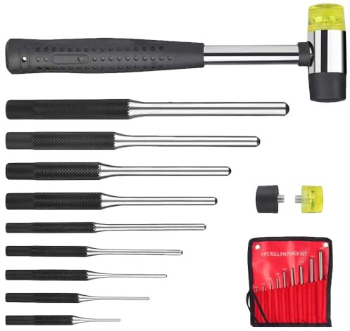Wzhtuzi 9 Teilige Roll Pin Punch Set, 9 Teilige Durchschlag, Splinttreiber Set 1/16-5/16 Durchschlag Werkzeug mit Tasche zum Einrollen und Splintentreiber und Hammer mit Ersatz-Gummiköpfen
