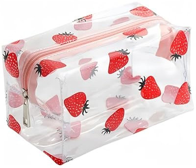 AORHOFJ Trousse de Toilette Transparente pour Femme en PVC avec Fermeture éclair et poignée, Sac cosmétique, Fraises - Rond, Trousse de Toilette Femme Voyage,kit Voyage,Trousse de Toilette